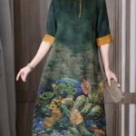 Green Print Silk Long Dress Mandarin Collar Zippered Short Sleeve