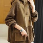Handmade Coffee Patchwork Drawstring Hoodie Sweatshirts Long Sleeve