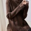 Handmade Coffee Turtleneck Lace Patchwork Cotton Knit Sweater Long Sleeve