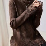 Handmade Coffee Turtleneck Lace Patchwork Cotton Knit Sweater Long Sleeve