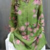 Handmade Green O-Neck Print Button Top Summer