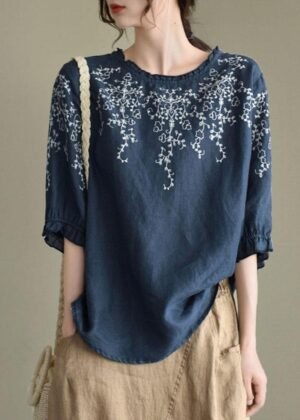 Handmade Navy lantern Sleeve Ruffled Summer Cotton Linen Shirt Tops