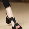 Handmade Splicing Buckle Strap Chunky Sandals Black Faux Leather