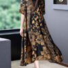 Italian Black V Neck Print Exra Large Hem Draping Silk Dress Summer