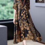 Italian Black V Neck Print Exra Large Hem Draping Silk Dress Summer