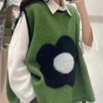 Italian Green O Neck Floral Patchwork Knit Vest Sleeveless