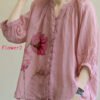 Italian Pink-rose flower V Neck Button Loose Fall Half Sleeve Blouse Top