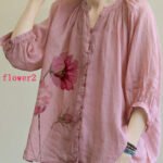 Italian Pink-rose flower V Neck Button Loose Fall Half Sleeve Blouse Top