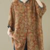 Khaki Print Linen Shirt Dresses O-Neck Oversized Lantern Sleeve