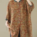 Khaki Print Linen Shirt Dresses O-Neck Oversized Lantern Sleeve