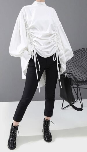 Lantern Sleeve Woman Casual Style Black White Hipster Blouse Shirt