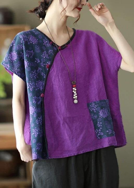 Linen Women Purple Stitching Floral Vintage Short Sleeve T-shirt