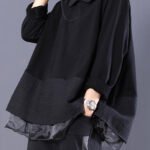 Loose Black Peter Pan Collar Fake Two Pieces Sweatshirt Long Sleeve