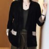 Loose Black V-Neck Pockets Patchwork Silk Velour Cardigans Bracelet Sleeve