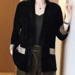 Loose Black V-Neck Pockets Patchwork Silk Velour Cardigans Bracelet Sleeve