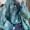Loose Blue Button Print Patchwork Cotton Shirts Long Sleeve