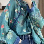 Loose Blue Button Print Patchwork Cotton Shirts Long Sleeve