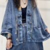 Loose Blue V Neck Button Patchwork Denim Coats Long Sleeve