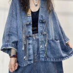 Loose Blue V Neck Button Patchwork Denim Coats Long Sleeve
