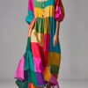 Loose Colorblock Puff Sleeve U Neck Patchwork Cotton Dresses