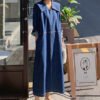 Loose Denim Blue Peter Pan Collar Patchwork Pockets Dress Long Sleeve