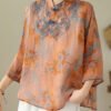 Loose Orange Stand Collar Embroideried Print Cotton Shirt Bracelet Sleeve