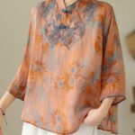 Loose Orange Stand Collar Embroideried Print Cotton Shirt Bracelet Sleeve