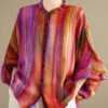 Loose Rainbow Striped Button Linen Blouses Batwing Sleeve