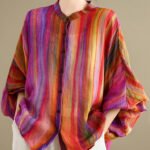 Loose Rainbow Striped Button Linen Blouses Batwing Sleeve