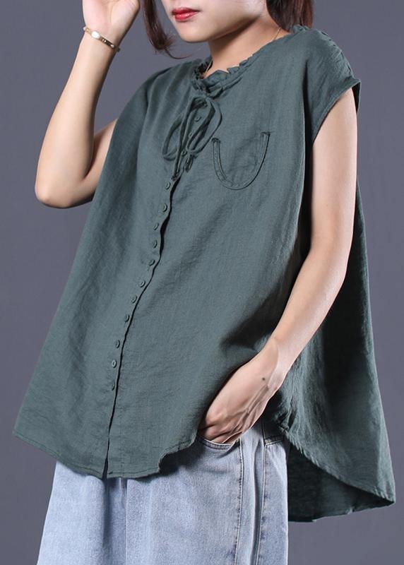 Loose ruffles collar linen tunic top Sleeve greem sleeveless top summer