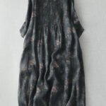 Modern Black V Neck Print Wrinkled Linen A Line Dress Summer