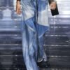 Modern Blue Pockets Patchwork Denim Wide Leg Pants Spring