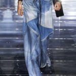 Modern Blue Pockets Patchwork Denim Wide Leg Pants Spring