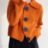 Modern Orange Peter Pan Collar Button Down Knit Cardigan Winter