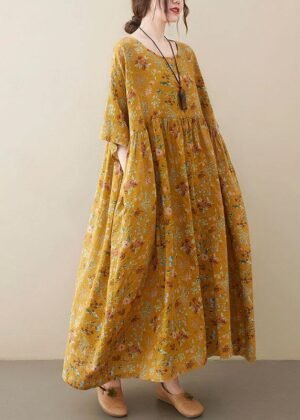 Natural light Yellow O-Neck Pockets Print Summer Sundress