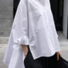Natural White Peter Pan Collar Low High Design Button Pockets Cotton Shirts Long Sleeve