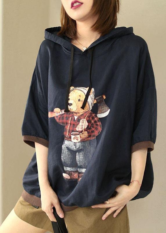 Navy Loose Hooded Print Fall Sweatshirt Street Wear