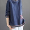 Navy Patchwork Loose Warm Fleece Turtleneck Long Sleeve