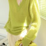 New Original Design Fluorescent Green V Neck Woolen Sweater Tops Fall
