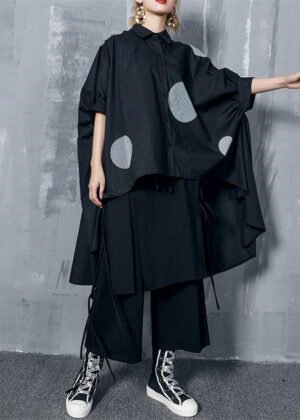 Organic black dotted cotton Tunic Indian Sewing asymmetric Knee shirts