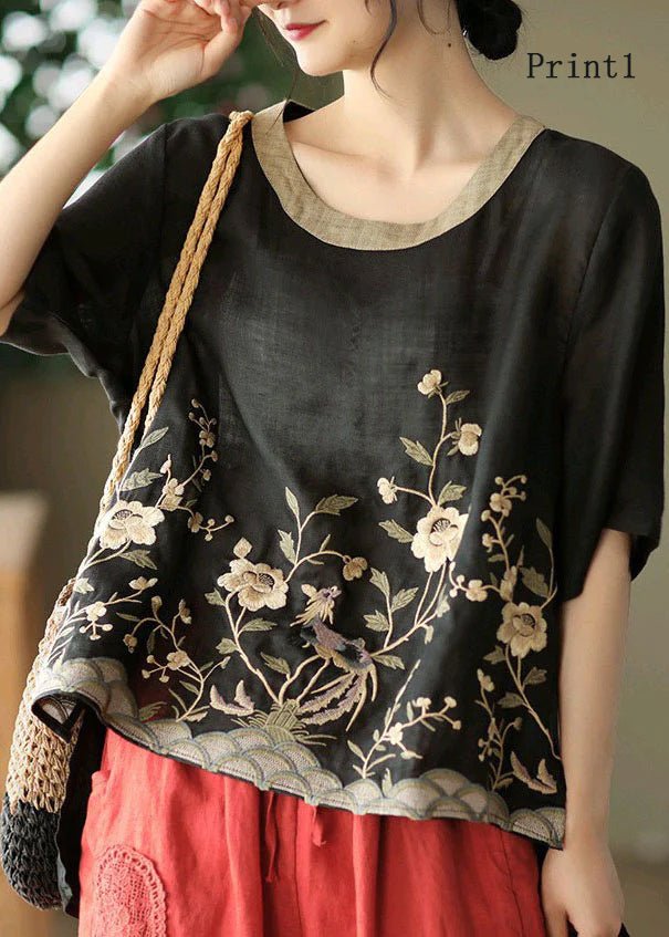 Organic Black Embroidered Low High Design Linen Tanks Short Sleeve