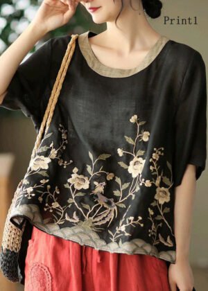 Organic Black Embroidered Low High Design Linen Tanks Short Sleeve