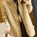 Organic Khaki Plaid Zippered Drawstring Fine Cotton Filled Hoodie Down Jackets Winter