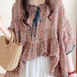 Organic Pink Ruffled Print Lace Up Cotton Shirts Half Sleeve