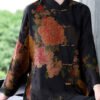 Original Black Mandarin Collar Button Floral Print Silk Coats Long Sleeve