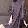 Original Design Purple Stand Collar Embroidered Nail Bead Silk Maxi Dress Long Sleeve