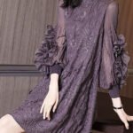 Original Design Purple Stand Collar Embroidered Nail Bead Silk Maxi Dress Long Sleeve