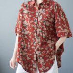 Original Design Red Peter Pan Collar Print Pocket Linen Long Shirt Top Short Sleeve