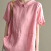 Peach Pink Patchwork Turn-down Collar Summer Linen Shirt Blouse