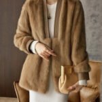 Plus Size Beige V Neck Mink Hair Coats Long Sleeve